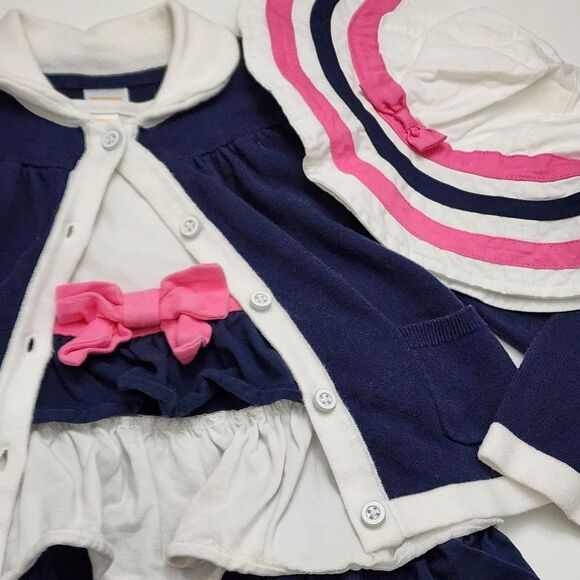 Girls Gymboree Navy, Pink, & White Cotton Dress Cardigan Hat Outfit Set 4t - Picture 13 of 16